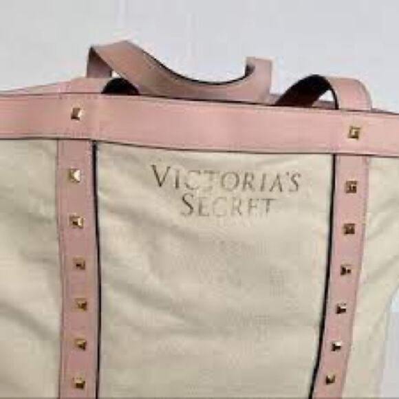 Victoria’s Secret Off White Canvas Tote with Pink Trim & Gold Studs.  Preowned. - Picture 4 of 4